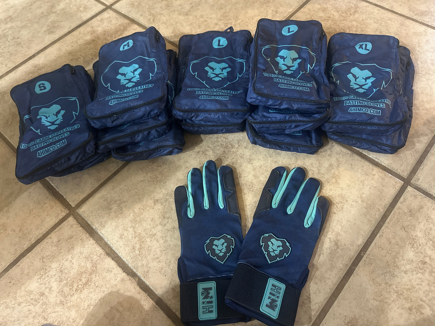 Navy Aqua Cabretta Leather Batting Gloves