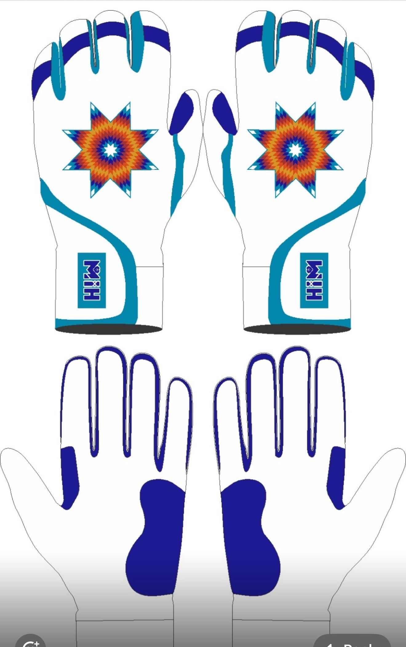 White / Blue / Teal Star Batting Gloves