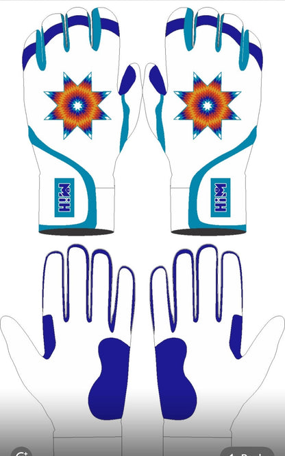 White / Blue / Teal Star Batting Gloves